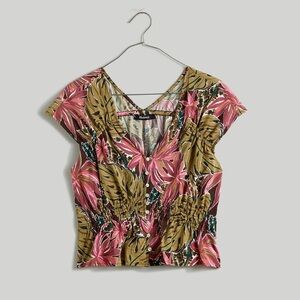 Brand New Madewell Shirred Cap-Sleeve Top in Brushstroke Monstera